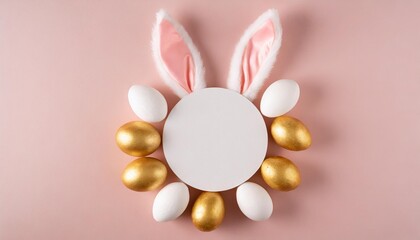 easter concept top view photo of easter bunny ears and paws on white circle white and golden eggs on isolated pastel pink background with blank space