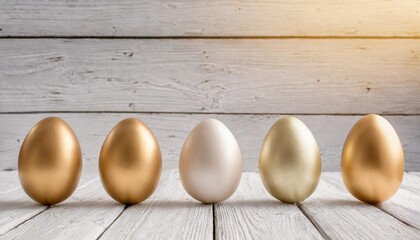easter eggs in a row and white wooden background