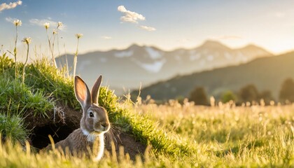 curious rabbit peeking out from a burrow in a lush meadow with mountains a delightful easter bunny emerges from its burrow to survey the expansive meadow panorama with copy space - obrazy, fototapety, plakaty