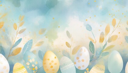 easter retro pattern design background with decorative eggs leaves flowers sky blue watercolor art background