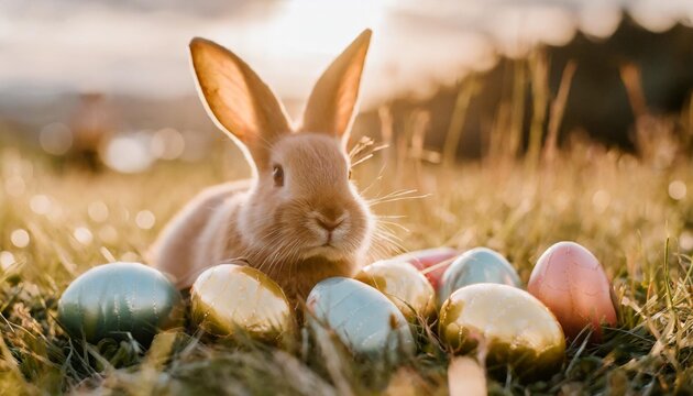 colorful decorated easter eggs with easter rabbit in the grass n unfocused background easter concept
