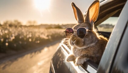 cute easter bunny with sunglasses looking out of a car - obrazy, fototapety, plakaty