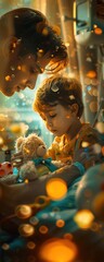 AI assistant, designed with empathy algorithms, comforting a young child in a hospital room filled with colorful toys, realistic photography, Golden hour lighting