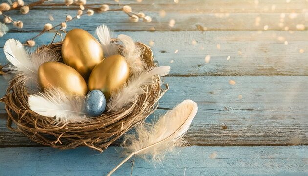 banner of easter eggs and feathers in a nest on a blue wooden background minimalist and elegant with space for text