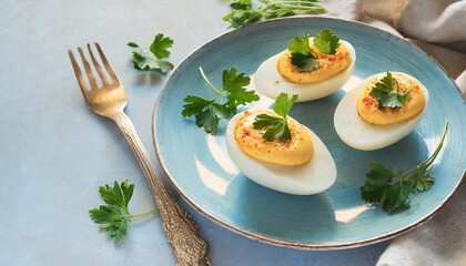 stuffed or deviled eggs with paprika and parsley on blue plate for easter table traditional dish for easter healthy diet food for breakfast top view flat lay