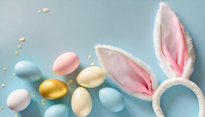 easter party ideation overhead view easter bunny ears white pink blue and yellow eggs on an isolated pastel blue background with copy space