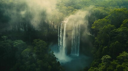 Aerial view reveals a majestic waterfall.
