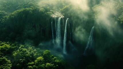 Aerial view reveals a majestic waterfall. - obrazy, fototapety, plakaty