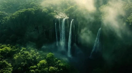 Fotobehang Aerial view reveals a majestic waterfall. © kept