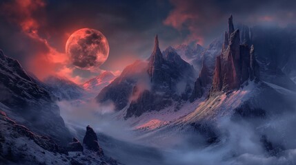 An image of a landscape of snow mountains and a red moon.