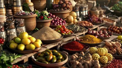Vibrant Food Market Stall Selling Ingredients for Traditional Festival Meals - obrazy, fototapety, plakaty