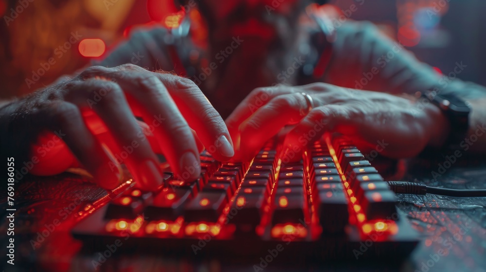 Poster detailed macro shot of cybersecurity expert's hands typing rapidly on a keyboard, symbolizing vigila