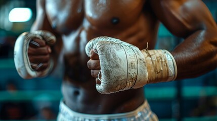 Macro shot of boxer's taped hands, showcasing the preparation and dedication required in the sport of boxing.