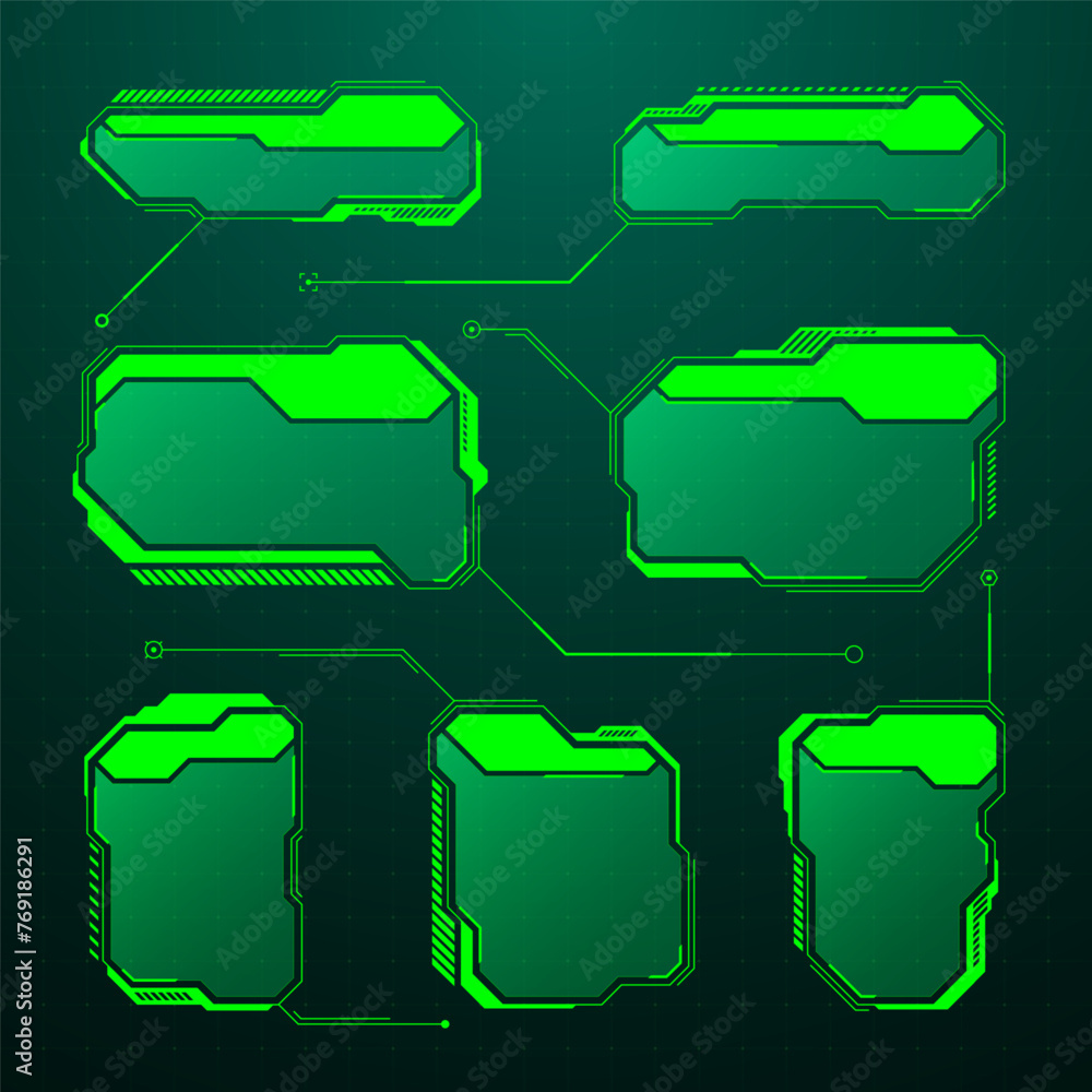 Poster green futuristic hud, ui elements. sci-fi user interface text boxes, callouts. warning message frame