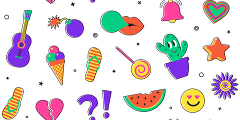 Y2k retro character seamless pattern, vintage trendy background, kid funny set, modern futuristic element, cute groovy texture. Colorful cartoon vector illustration