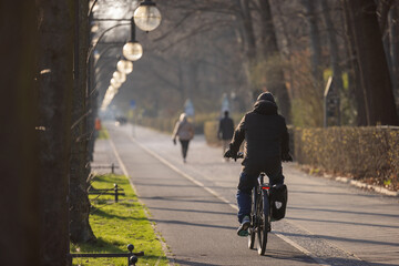 Bicycle commuter in Berlin. Rear view of a person riding a bicycle on bike path in downtown berlin, nice backdrop of gardens and a row of streetlamps © Anze