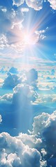 A sky-blue pattern with soft, fluffy clouds, interspersed with golden sunrays in the distance, capturing the sense of wonder and freedom created with Generative AI Technology - obrazy, fototapety, plakaty