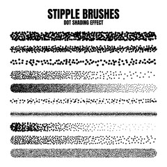 Stipple scatter brush, ink drawing and texturing. Fading gradient. Stippling, dotwork drawing, shading using dots. Halftone disintegration effect. White noise grainy texture. Vector illustration