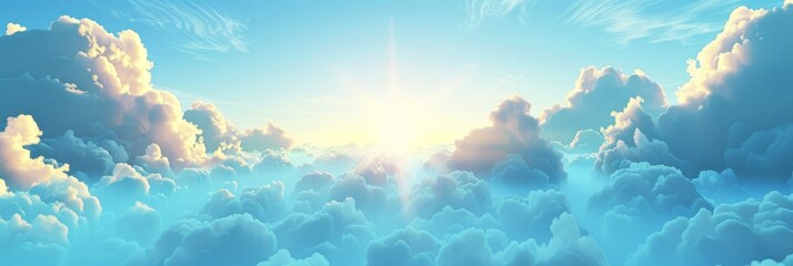 A sky-blue pattern with soft, fluffy clouds, interspersed with golden sunrays in the distance, capturing the sense of wonder and freedom created with Generative AI Technology