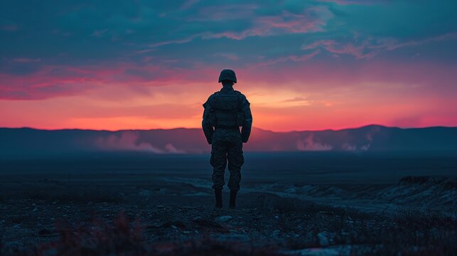 Genetic clone, military uniform, grappling with existential questions in a barren wasteland, at dusk, Photography, Silhouette lighting, Chromatic Aberration