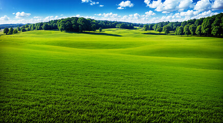 Obraz premium Beautiful green valley with green fields and hills. Natural summer background, nature landscape wallpaper. Created using generative AI tools