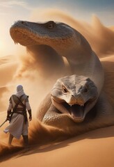 Battle between a warriors and monster desert