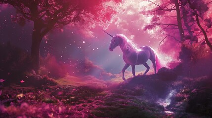Beautiful unicorn in magical fantasy landscape, pink neon colors.