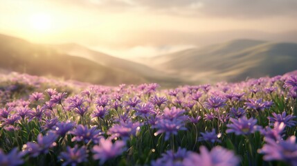 Beautiful purple flowers bloom in a sun-kissed meadow.