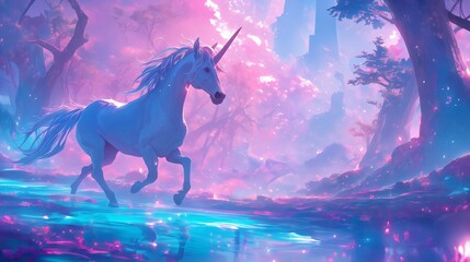 Beautiful unicorn in magical fantasy landscape, pink neon colors.