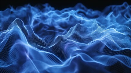 Fototapeta na wymiar Blue wireframe sound waves pulse on a dark background.