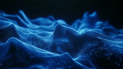 Blue wireframe sound waves pulse on a dark background. - obrazy, fototapety, plakaty