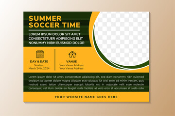 summer soccer education time flyer, horizontal layout poster template with green and yellow colors. space for photo collage. - obrazy, fototapety, plakaty