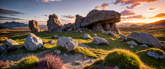 The epic landscape with weathered boulders at sunset. Natural background, nature landscape wallpaper, banner. Created using generative AI tools - obrazy, fototapety, plakaty