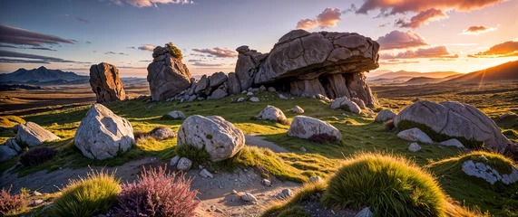 Foto op Canvas The epic landscape with weathered boulders at sunset. Natural background, nature landscape wallpaper, banner. Created using generative AI tools © rustamank