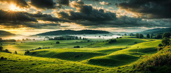 Fototapeta na wymiar Summer landscape - view of the green meadows, fields and forests covering the hills at sunrise. Nature landscape wallpaper, banner. Created using generative AI tools