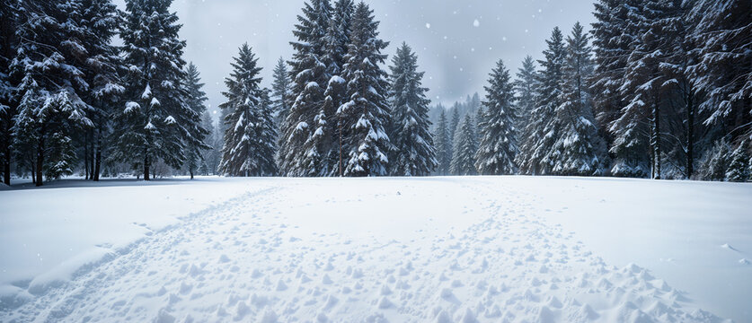 Beautiful snow-covered glade in the winter forest against the background of mountains. Natural winter background, wallpaper, banner. Created using generative AI tools