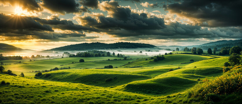 Summer landscape - view of the green meadows, fields and forests covering the hills at sunrise. Nature landscape wallpaper, banner. Created using generative AI tools