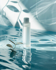 Bottle of cosmetic product on a crystal clear water surrounded by plant leaves, shadows in the white background