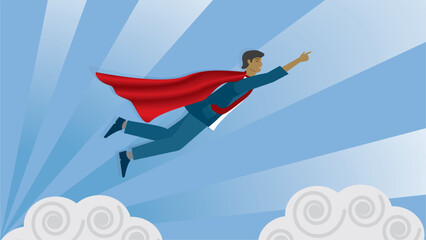 Superhero flying to his goals. Dimension 16:9. Vector illustration.