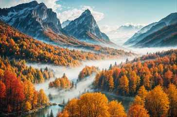 Foto op Aluminium Autumn landscape - view of a wooded river valley with morning fog surrounded by snowy mountains. Nature landscape wallpaper. Created using generative AI tools © rustamank