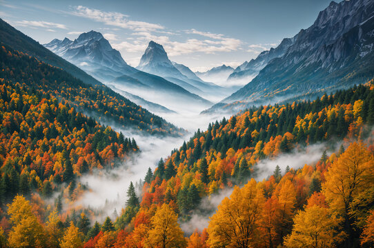 Autumn landscape - view of a wooded river valley with morning fog surrounded by snowy mountains. Nature landscape wallpaper. Created using generative AI tools