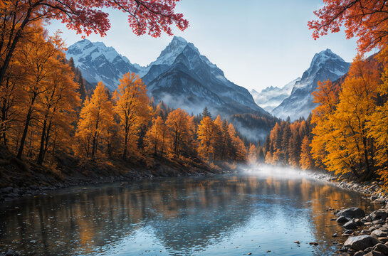 Autumn landscape - view of a mountain river surrounded by autumn forest with mountains in the background. Nature landscape wallpaper. Created using generative AI tools