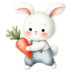 A white bunny with fluffy fur is holding a large carrot in one paw and has a joyful expression