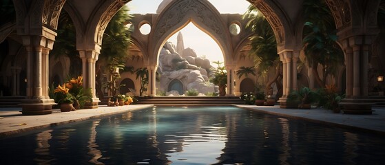 an immersive AI scene with two arches constructed from organic elements, infused with Mesopotamian...