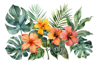 Watercolor tropical flowers and foliage arrangement, cut out - stock png.