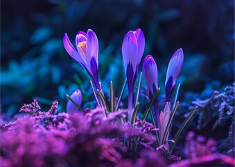 Magical Spring Bloom of Crocuses, Crocus Flowers. Dark Blue and Purple Palette. Generative AI.