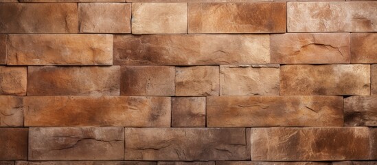 Detailed view of a textured brown brick wall set against a dark black background creating a...