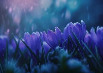 Magical Spring Bloom of Crocuses, Crocus Flowers. Dark Blue and Purple Palette. Generative AI.