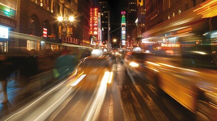 Fototapeta na wymiar City lights blurred into motion on a busy street.