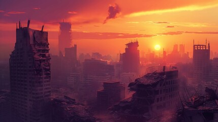 Cityscape at sunset, silhouettes of destroyed buildings. - obrazy, fototapety, plakaty